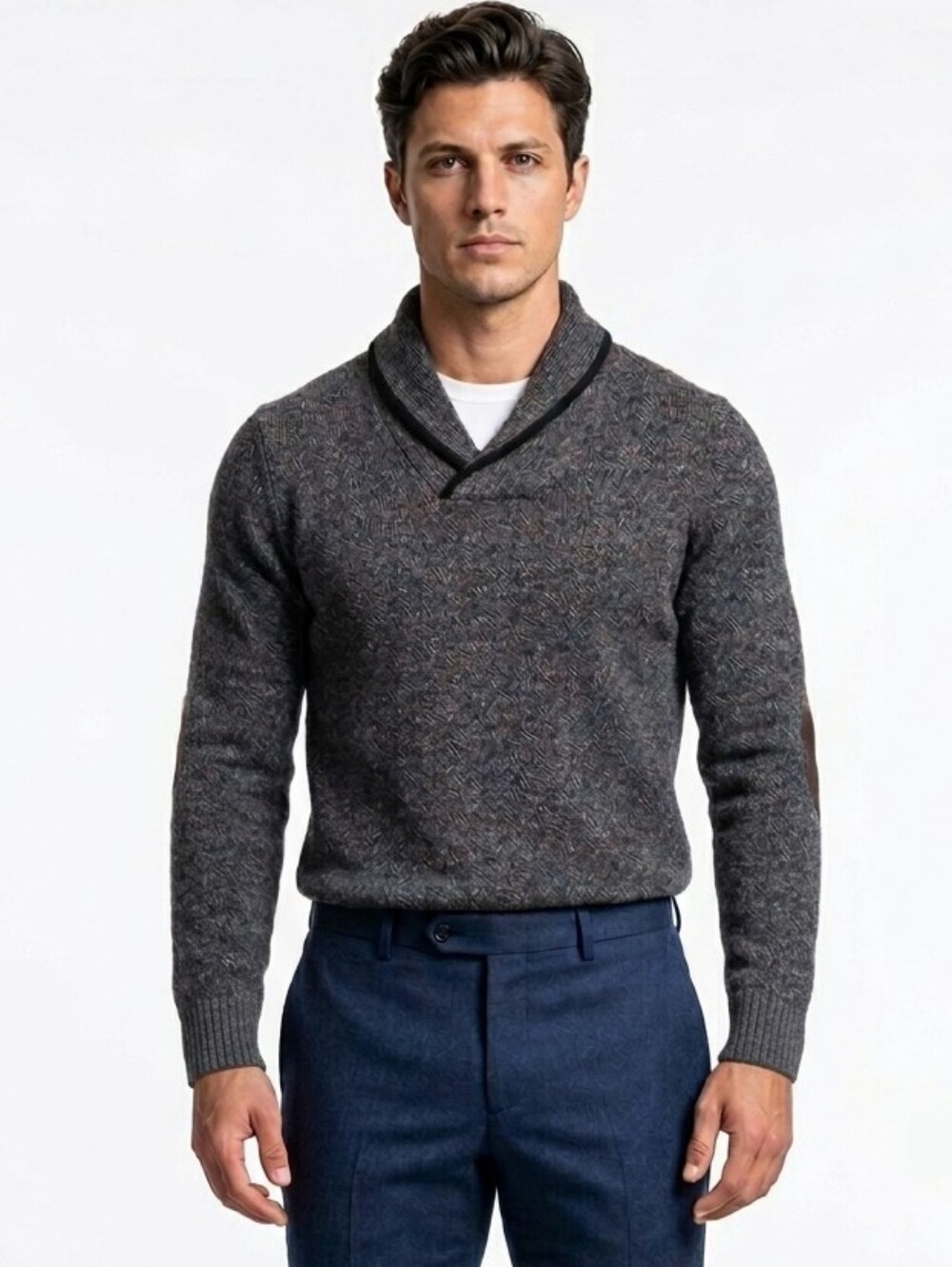 Thirty-Five Kent Cashmere Shawl Collar Sweater Charcoal Gray Elbow Patches M
